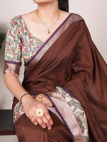 Load image into Gallery viewer, Brown tussar silk saree , Printed brown silk saree , Brown ethnic wear for women , Elegant brown saree look , Brown saree with viscose border , Party wear brown saree , Designer brown silk saree online . 

