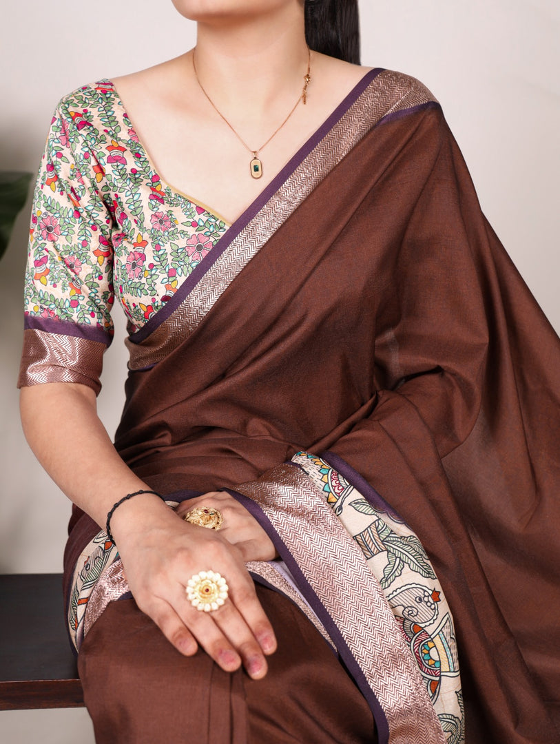 Brown tussar silk saree , Printed brown silk saree , Brown ethnic wear for women , Elegant brown saree look , Brown saree with viscose border , Party wear brown saree , Designer brown silk saree online . 