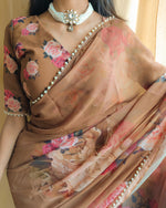 Load image into Gallery viewer, Brown Color Georgette Sarees Price and Online Shopping Price Under 999! - Elegant brown saree with zari work , Brown georgette saree for festive wear , Traditional brown zari woven saree , Brown saree for office and ethnic events , Stylish brown saree with border , Lightweight brown georgette saree , 
Brown zari weaving saree for women , Deep brown georgette saree online , Party wear brown saree with blouse , Brown color saree for cultural events . 

