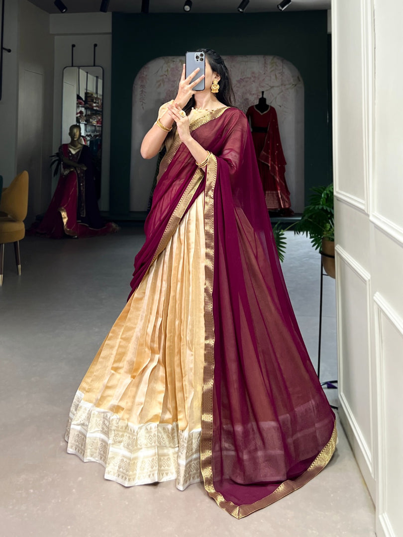 Premium Kanchipuram Davani Set featuring zari-woven stitched lehenga (42" waist), unstitched Kanchipuram blouse piece, and lace-bordered georgette dupatta. 
Price under 2000 - shop now Shoppers Trend