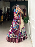 Load image into Gallery viewer, Cream and Wine Or Dark Rani  Color Dola Silk Langa Voni , Davani Set , Half-Saree and Dhavani Sets With Price and Online Shopping Price Under 2000 . Make a statement with this Kalamkari Lehenga crafted in Dola Silk. Includes a flared lehenga, printed blouse, and a zari-bordered dupatta with tassels. Perfect for weddings and festive celebrations . Traditional Look 2024-25 , 2025-26 . 

