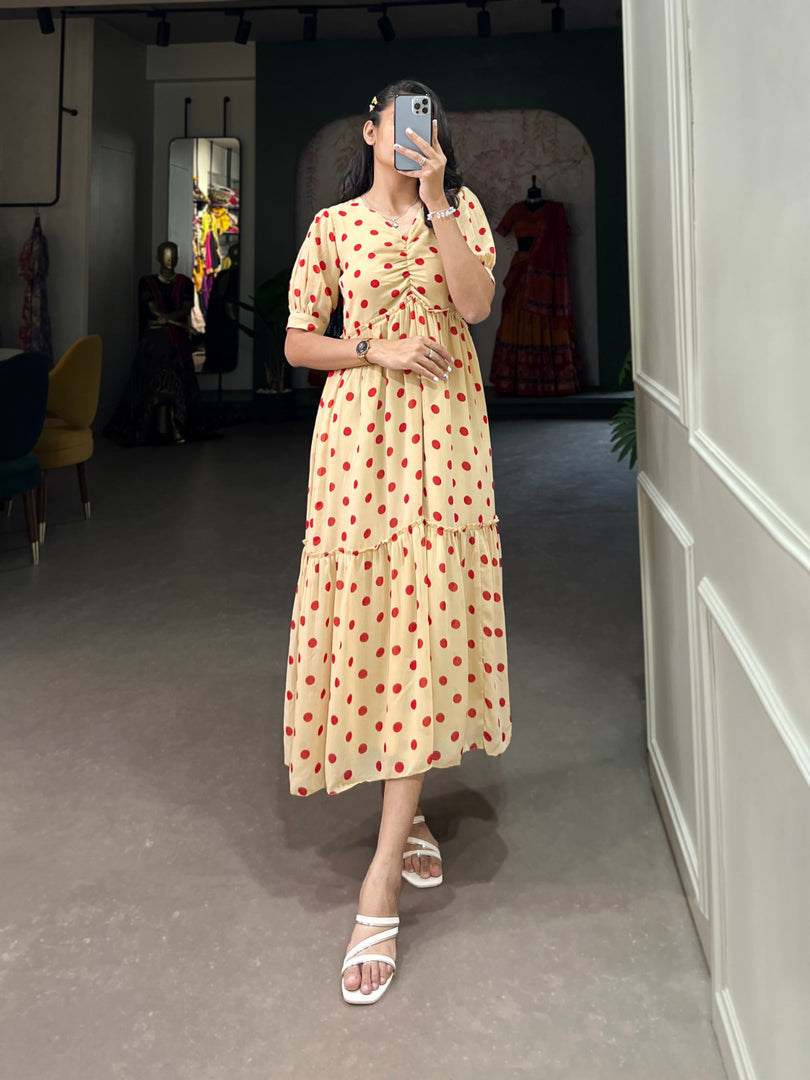 Upgrade your wardrobe with this stylish Georgette frock. Polka Dot Print, 3-meter flair, full micro cotton lining, and adjustable fit for your comfort , Shop this stitched Georgette frock with a vibrant Polka Dot Print, 3-meter flair, and micro cotton lining. Adjustable chest up to 48 inches for a perfect fit