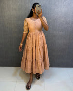 Load image into Gallery viewer, Cream Color Pure Cotton Hakoba Mini Gown , Elegant cream Hakoba cotton gown with three-layer flair , Cream-colored mini gown with rope tie-up and pocket , Soft cream cotton Hakoba dress for classy daytime looks , Cream 3-layer frock gown in premium cotton fabric , Stylish cream short gown with detailed Hakoba work . 
