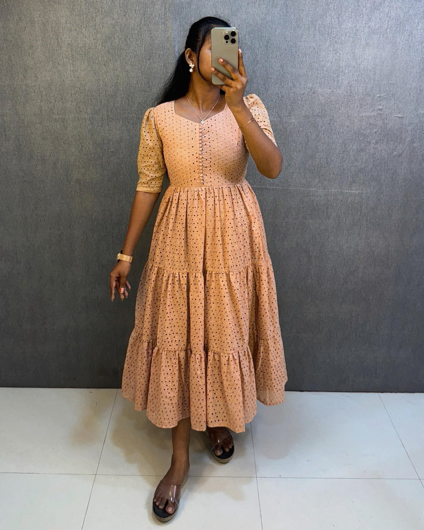 Cream Color Pure Cotton Hakoba Mini Gown , Elegant cream Hakoba cotton gown with three-layer flair , Cream-colored mini gown with rope tie-up and pocket , Soft cream cotton Hakoba dress for classy daytime looks , Cream 3-layer frock gown in premium cotton fabric , Stylish cream short gown with detailed Hakoba work . 