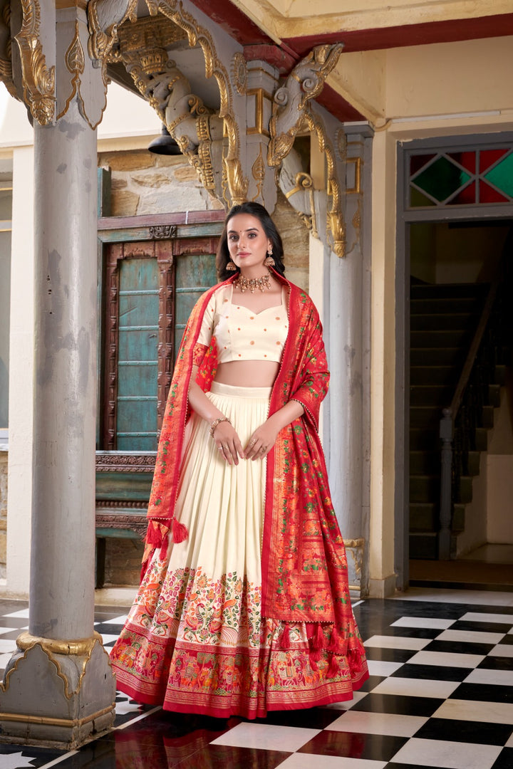 Cream lehenga choli for haldi and festive wear , Cream lehenga set with elegant ethnic print , Beautiful cream lehenga for traditional occasions , Soft silk cream lehenga with stylish blouse piece , Cream lehenga set under ₹2000 for elegant look .
