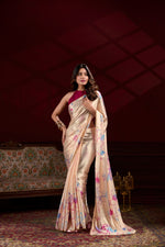 Load image into Gallery viewer, Trendy Cream Satin Silk Saree Price and Online Shopping Price Under 1500 , Sarees For Weddings , Floral Print With Pearl Lace Border Silk Saree . Traditional Look Most Of Party Wear Price Under 1500 . 
