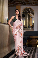 Load image into Gallery viewer, Cream Satin Silk Saree , Cream Color Party Wear Saree , Cream Saree with Printed Design , Cream Saree with Moonga Blouse , Cream Zari Saree , Cream Silk Saree for Wedding , Elegant Cream Color Saree .
