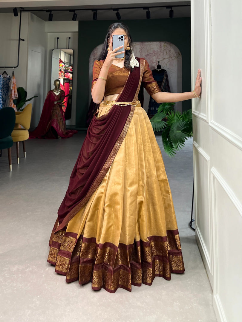 Cream Color Heavy Dhavani Set | Half-Saree South Indian Cotton Davani Set Shoppers Trend  Price Sell Under 1499 and Semi Stitched 1299 .  