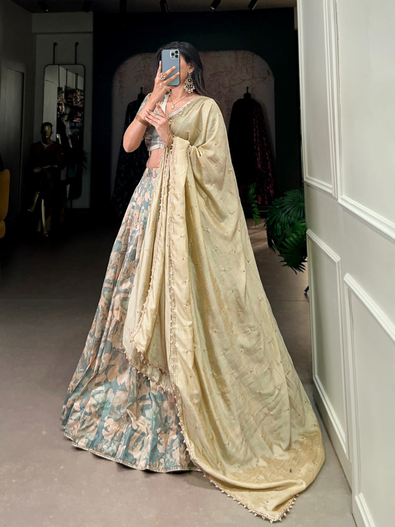 Vanshika Tussar Silk Cream Dhavani Set / Langa Voni | Shoppers Trend