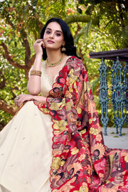 Cream Color Lehenga with Kalamkari Dupatta , Embroidered Cream Lehenga Choli Set , Cream Vichitra Silk Wedding Lehenga . 