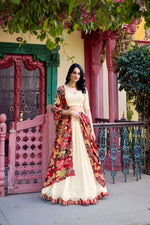 Load image into Gallery viewer, Cream Lehenga with Sequins and Thread Work , Elegant Cream Color Lehenga Online , Cream Lehenga with Heavy Tassels and Can Can , 
Traditional Cream Bridal Lehenga Set , Cream Lehenga with Tussar Silk Dupatta , Classic Cream Lehenga for Festivals , Designer Cream Lehenga with Foil Print Dupatta .
