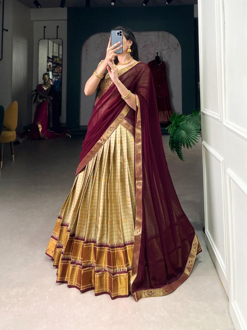 Cream Cotton Silk Dhavani Set , Langa Voni and  Davani Set With Price and Online Shopping Price Under 1500 . this Fabric Cotton Silk Dhavani Set Weaving Work With Paithani Concept and This Fabric Lehnga Stitching Stitch With Canvas Joint . This Fabric Soft and Smooth Cotton and Rich Border Price Under 1500 . 