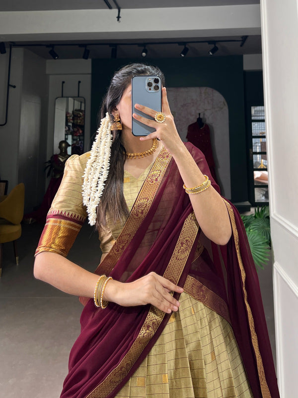 Stitched Cotton Silk Lehenga with Paithani concept weaving work,  3.70m flair. Includes unstitched Cotton Silk blouse, plain Georgette dupatta (2.4m) with weaving work lace border. Complete set features micro cotton inner and drawstring with zip closure.