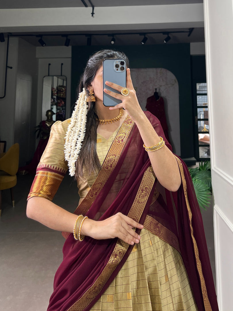 Stitched Cotton Silk Lehenga with Paithani concept weaving work,  3.70m flair. Includes unstitched Cotton Silk blouse, plain Georgette dupatta (2.4m) with weaving work lace border. Complete set features micro cotton inner and drawstring with zip closure.