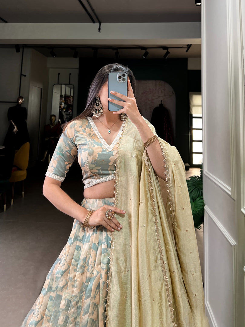 Elegant Tussar Silk Stitched Lehenga Set – Perfect for Weddings & Festive Wear Price and Online Shopping Price Under 2000 . This Fabric Stitched Tussar Silk Lehenga With Printed Lehenga with Lace Work and Dupatta Sequins Embroidered Dupatta and Buy Stitched Lehenga for Women .