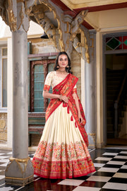 Cream lehenga choli for haldi and festive wear , Cream lehenga set with elegant ethnic print , Beautiful cream lehenga for traditional occasions , Soft silk cream lehenga with stylish blouse piece , Cream lehenga set under ₹2000 for elegant look. 