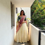Load image into Gallery viewer, Rose gold half saree with embroidery butti , Rose gold lehenga choli with zari border , Rose gold voni with cutwork tissue design , Festive rose gold lehenga choli online , Traditional rose gold lehenga choli outfit , Designer rose gold lehenga with unstitched blouse , Tissue silk lehenga in rose gold tone , Rose gold bridal half saree under 1999 .
