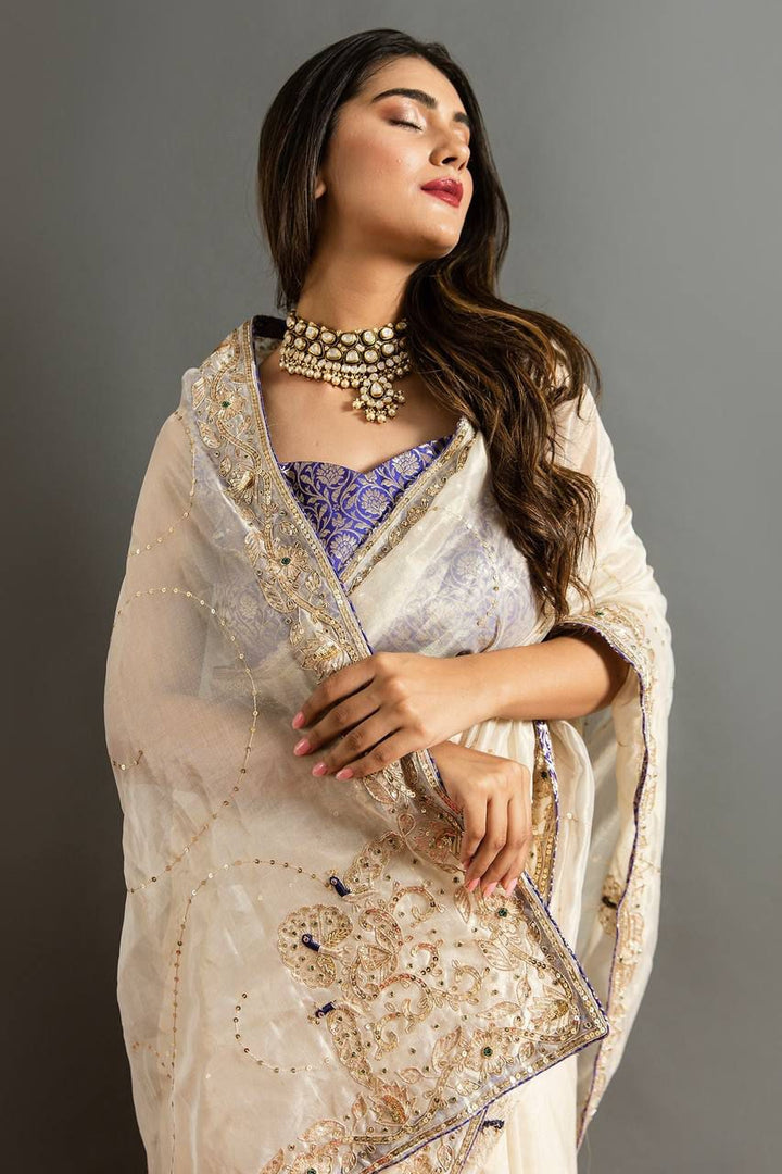 Akshara Pure Soft Jimmy Cho Silk Off-White Saree | Shoppers Trend