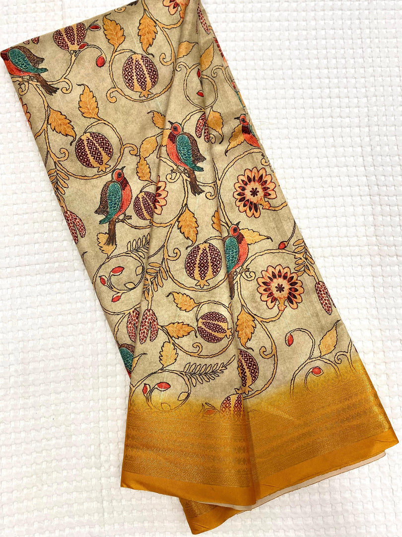 Cream Color Pure Soft Tussar Silk Sarees With Price and Online Shopping Price Under 1500 . this fabric bird design and flower design Combination of Look traditional 2024-25 .