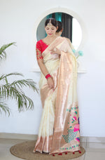 Load image into Gallery viewer, Cream Soft Paithani SIlk Sarees wIth Price and Online Shopping Price Under 2000 . This Fabric SOft and Smooth and Rich Pallu . This Fabric Mainly Manufacturing in Aurangabad district of Maharashtra.
