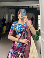 Load image into Gallery viewer, Cream and Wine Color Dola Silk Half-Saree | Dhavani Set | Langa Voni | Shoppers Trend - Price Under 2000 .
