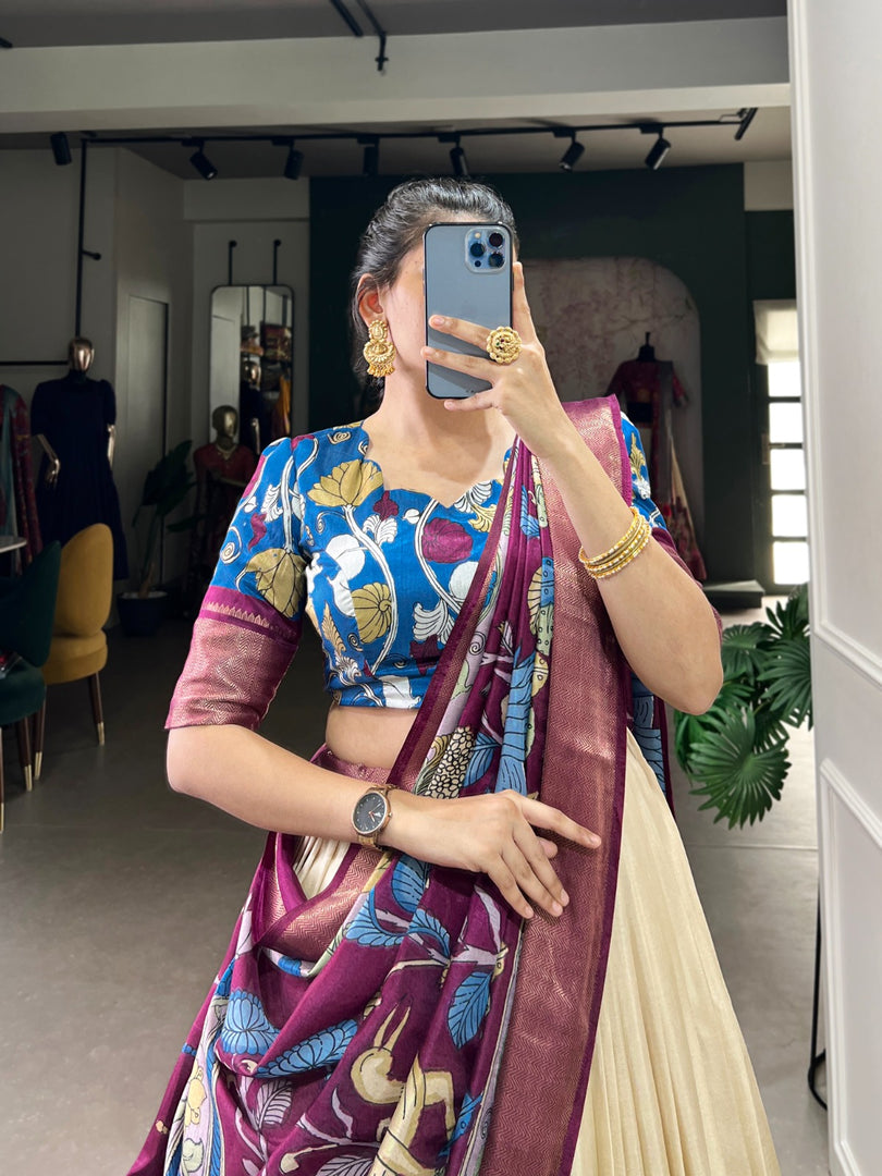 Cream and Wine Color Dola Silk Half-Saree | Dhavani Set | Langa Voni | Shoppers Trend - Price Under 2000 .