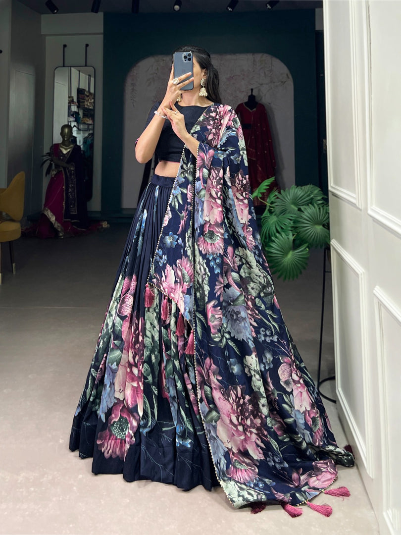 Dan Blue Tussar Silk Dhavani Set | Langa Voni | Half-Saree With Price and Online Shopping Price Under 2000 . Floral charm meets luxury with this Tussar Silk Lehenga Set. Stitched lehenga with can-can, micro cotton lining, unstitched blouse, and a tassel-adorned dupatta make it the perfect festive wear . 