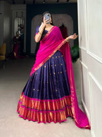 Load image into Gallery viewer, Exquisite Cotton Silk Half-Saree with Paithani weaving. Set includes stitched lehenga , unstitched matching blouse, and Georgette dupatta with decorative border. Perfect blend of tradition and comfort.
