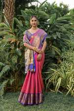 Load image into Gallery viewer, Dark-Pink Kanchipuram Handloom Pattu Weaving Silk Saree Price and For Weddings Special This Fabric Most Famous and Popular  That Using  Blue Border Gold Zari Weaving For Under 1999 . 
