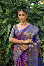 Load image into Gallery viewer, Wine Kanchipuram Handloom Pattu Weaving Silk Saree with Price and Zari Weaving Gold Blue Blouse most Popular and most famous product in under 1999 . 
