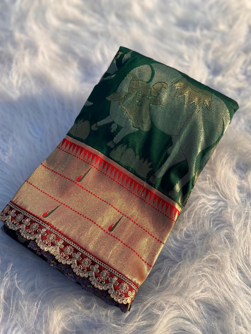 Dark Green Color Soft Paithani Silk Sarees With Wedding Best Choise price and Online Shopping Price Under 2500 . Explore our stunning Dark Green Soft Paithani Silk Saree, crafted from premium Soft Paithani Silk fabric for a luxurious feel. Perfect for weddings, parties, and special occasions, this saree offers unmatched elegance, vibrant color, and a soft, smooth drape. Traditional Look Or 2024-25 , 2025-26 . 