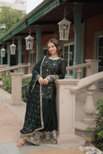 Load image into Gallery viewer, Dark Green Kurti Plazzo Set ,
Green Embroidered Kurti with Dupatta , Festive Wear Green Kurti Set , Heavy Sequins Work Green Kurti , Elegant Dark Green Ethnic Set , Designer Green Kurti for Women . 

