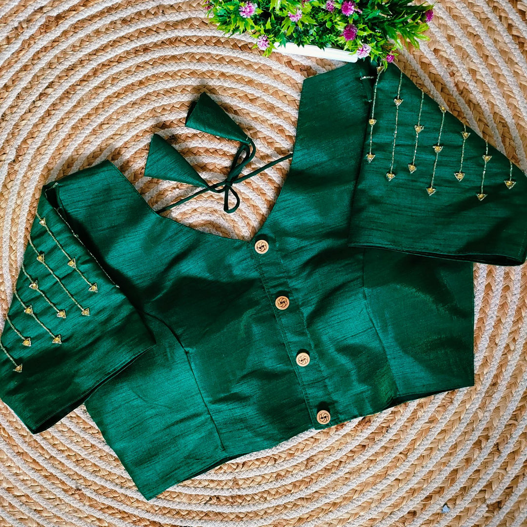 Dark Green Resham Silk Stitched Blouse | Shoppers Trend With Price and online Shopping Price Under 1000 . this Fabric Heavy Silk and Resham Silk With Embroidery work and Heavy Work , This Fabric Height 14.5inch and 10 Inch Sleeve, Traditional Look For 2025-26 . 