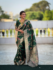 Aabhaya Soft Banarasi Silk Dark Green Saree | Shoppers Trend