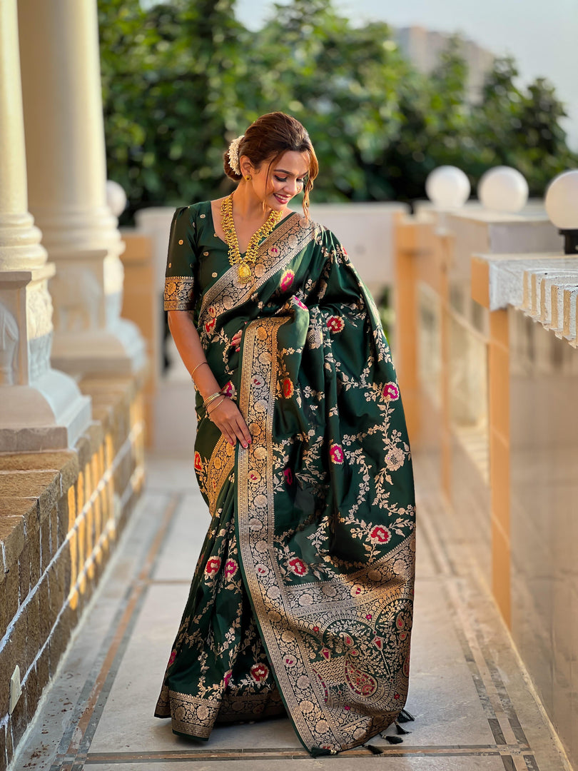 Beautiful Design Dark Green Soft Banarasi Silk Sarees With Price and Online Best Shopping Price Under 2000 . this Saree Famous For Weddings and Party Wear Collcetion. This Saree Fabric Soft Banarasi Silk Saree with Zari Weaving Work most beautiful and Handwork Crafted Traditional Look 2024-25.  