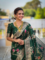 Load image into Gallery viewer, Dark Green Soft Banarasi Silk Sarees With Price and Online Best Shopping Price Under 2000 . this Saree Famous For Weddings and Party Wear Collcetion. This Saree Fabric Soft Banarasi Silk Saree with Zari Weaving Work most beautiful and Handwork Crafted this Fabric Traditional Look Pink Design Traditional Look 2024-25.  
