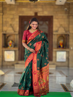 Load image into Gallery viewer, Dark Green Soft Paithani Silk Sarees WIth Price and Online Shopping Price Under 2000 . This Fabric Soft Paithani Silk Saree For Weddings , Rich Pallu and Zari weaving work .This Saree Most Union Design Tradition Look 2024-25 .
