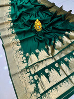 Load image into Gallery viewer, Dark Green Soft Silk Sarees with Price and Online Shopping Price Under 1500 .  The Fabric Soft Silk Saree Silver Zari Weaving Work Most Combination Saree Fully Authentic  Saree Silver Zari Weaving Work With Border Blue Saree Most Traditional look 2024-25 .

