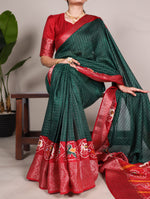 Load image into Gallery viewer, Dark Green Tussar Checks Sarees With Price and Online Shopping Price Under 1000 . Discover the elegance of Tussar Chex sarees featuring Patola print and a weaving work border. Includes an unstitched matching blouse for a complete look. Saree length: 5.5 meters . Traditional look 2025-26 . 
