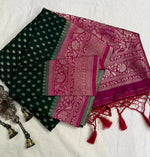 Load image into Gallery viewer, Dark Green with Rani Border Silver Zari Weaving Work Premium Viscose Silk Saree with traditional Zari weaving. Complete 6.3m set includes matching blouse piece. Machine washable for convenience.
