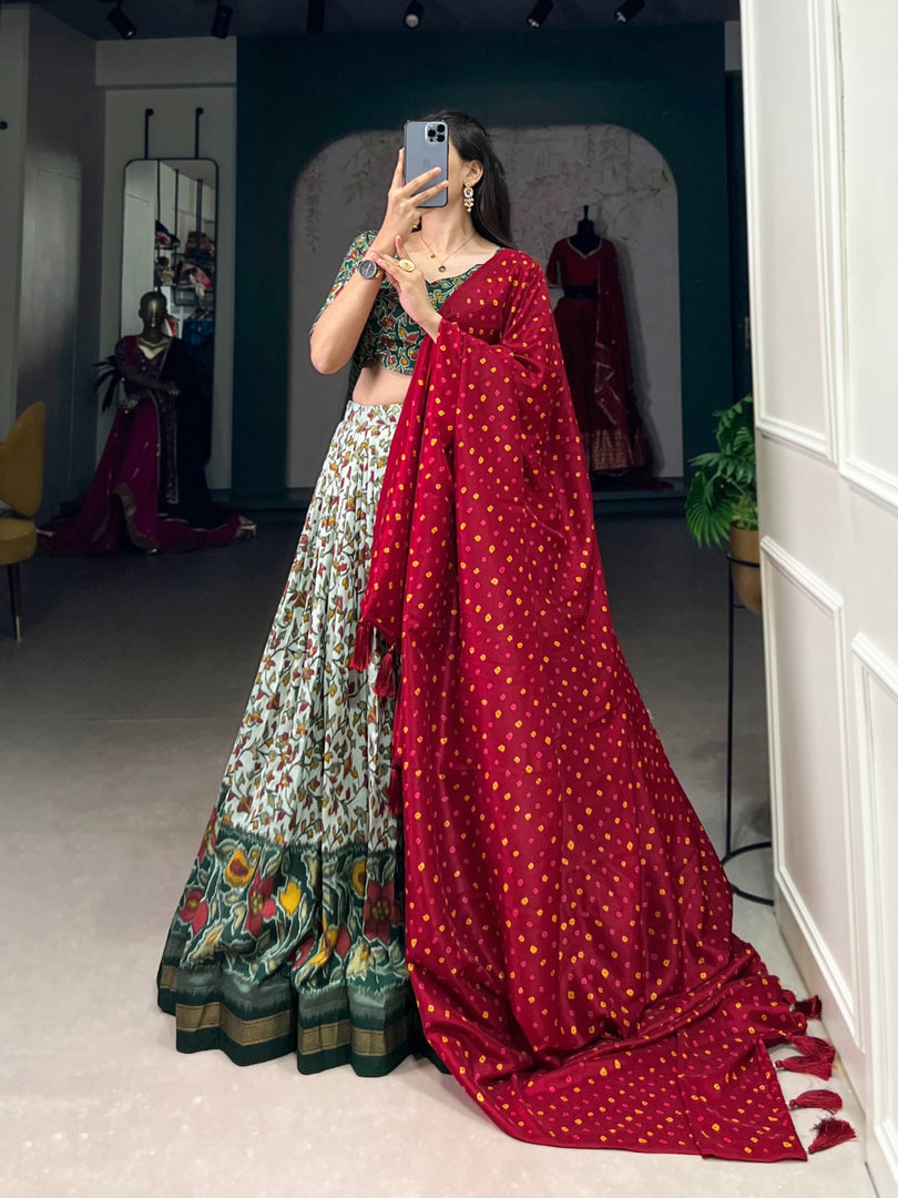 Hirva Tussar Silk Dark Green Dhavani Set | Langa Voni | Shoppers Trend