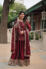 Load image into Gallery viewer, Wedding Wear Maroon Kurti Set , Maroon Embroidered Kurti with Dupatta , Dark Maroon Kurti Plazzo Set , \Engagement Look Maroon Kurti Set , Reception Wear Kurti Plazzo Set , Party Wear Dark Maroon Kurti . 
 
