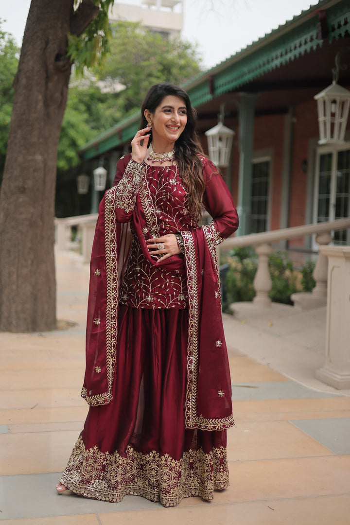 Wedding Wear Maroon Kurti Set , Maroon Embroidered Kurti with Dupatta , Dark Maroon Kurti Plazzo Set , \Engagement Look Maroon Kurti Set , Reception Wear Kurti Plazzo Set , Party Wear Dark Maroon Kurti . 
 