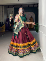 Load image into Gallery viewer, Dark Maroon Tussar Silk Dhavani Set , Langa Voni , Half-Saree and Davani Set With Price and Online Shopping Price Under 2000 . This Fabric Tussar Silk Traditional Look 2024-25 . This Fabric Soft and Patola Print With foil work . This Fabric Stitched For Stitched With Canvas and attached . This Fabric Tussar Silk Rajavadi Pattern and This famous For Patan in Gujrat  Famous. 
