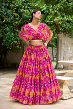 Load image into Gallery viewer, Dark Pink Color With Yellow Flower Langa Voni With Chiffon Dhavani Set | Langa Voni | Davani Set With Price and Online Shopping Price Under 2000 . this Fabric Dark Pink Chiffon Dhavani Set Best For Weddings Best Choise Price ,  Enhance your ethnic look with this stunning Chiffon lehenga set. Includes a stitched lehenga, blouse, and Dupatta with Floral Print and elegant lace touch-ups . Traditional Look For 2024-25 , 2025-26 .
