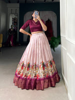Load image into Gallery viewer, Stitched Cotton Silk Dhavani featuring floral print with zari border. Lehenga accommodates up to 42&quot; waist with 41&quot; length. Includes adjustable Banglory blouse with lace trim. Complete set with quality finishes and handmade tassels.
