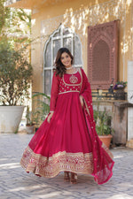Load image into Gallery viewer, Elegant Faux Blooming Georgette Gown with Dupatta – Perfect for Weddings &amp; Festive Occasions , Buy Designer Embroidered Gown Online , Wedding &amp; Party Wear Long Gown and Traditional Embroidered Gown Dress for Women . 
