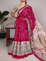 Load image into Gallery viewer, Buy Designer Green Silk Saree Online , Dark Pink Color Green Silk Sarees Price and Online Shopping Price Under 1000 . Green Silk Saree with Madhubani and Bandhej Print . 
