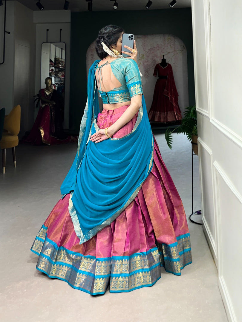Traditional Kanchipuram set featuring stitched zari-work lehenga (42" waist), unstitched Kanchipuram blouse fabric, and georgette dupatta with lace border. Complete three-piece ensemble with premium craftsmanship.
