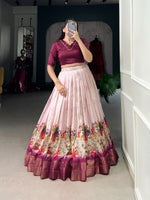 Load image into Gallery viewer, Dark Pink Color Or Rani Color Cotton Silk Dhavani Set | Langa Voni | Davani Set Ready-to-wear Cotton Silk Dhavani with floral print and zari border. Features pre-stitched lehenga with handmade tassels and 3.2m flair. Includes versatile Banglory blouse with lace detail, adjustable between . Complete traditional ensemble with premium craftsmanship.
